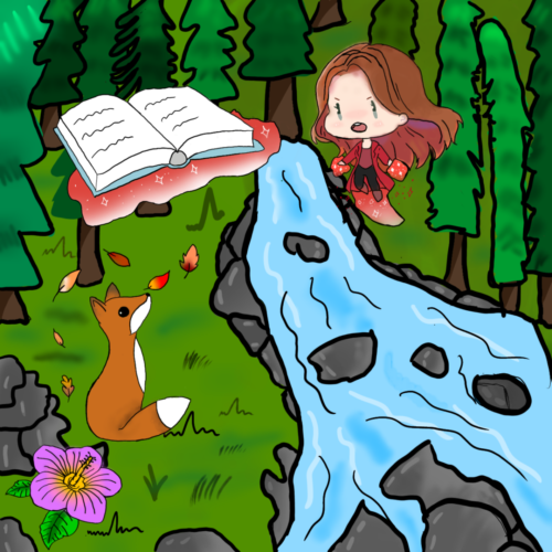 Girl and the Fox and the Flying Magic Book In Forest